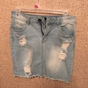 Distressed light wash denim skirt